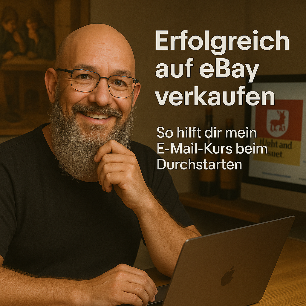 Olaf Droste, Kursleiter für Online-Verkauf, erstellt am Laptop einen praxisnahen eBay-E-Mail-Kurs – freundlich, konzentriert und in inspirierender Arbeitsumgebung.