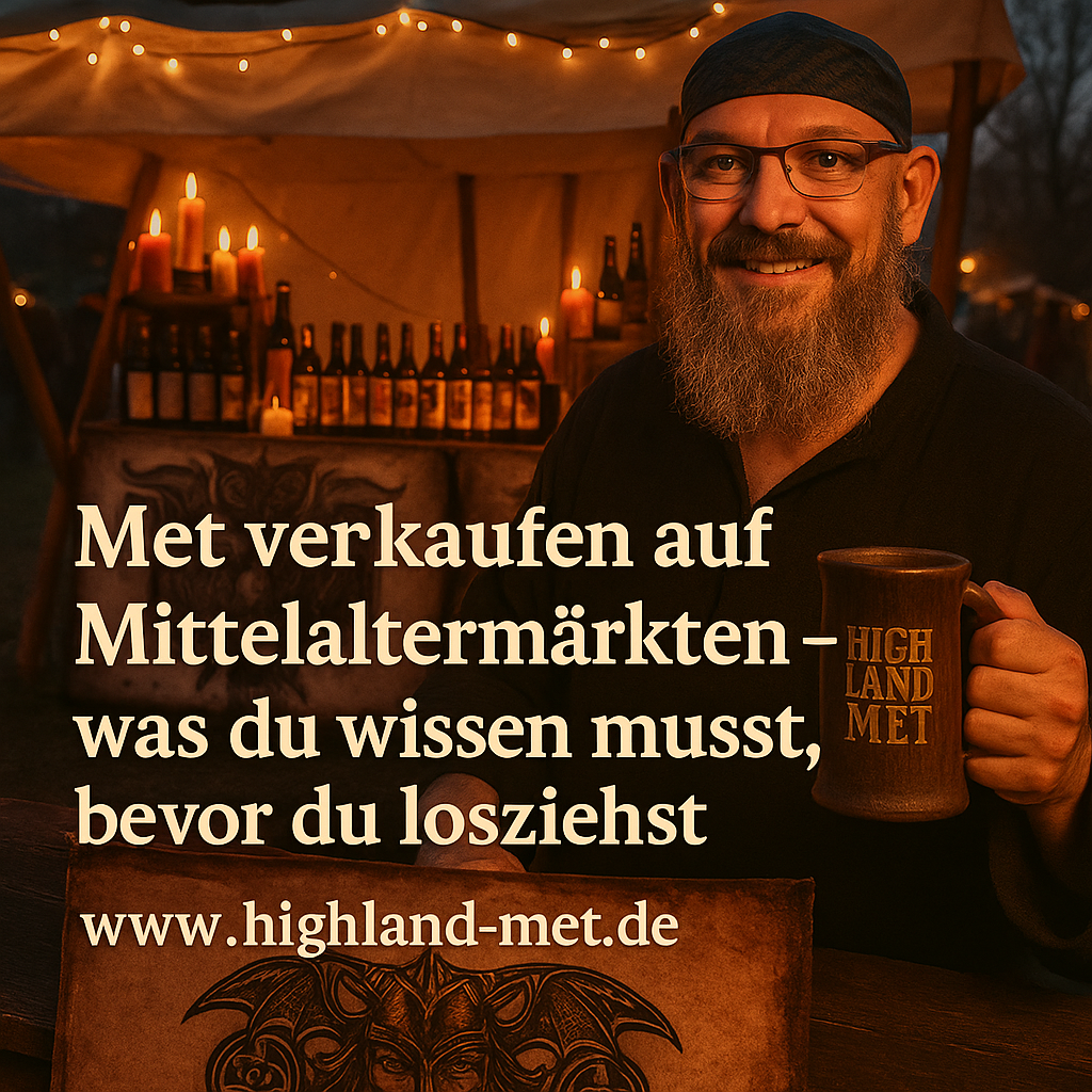Olaf Droste in Gewandung am Metstand auf einem Mittelaltermarkt – authentisches Verkaufsambiente mit traditionellen Metflaschen.