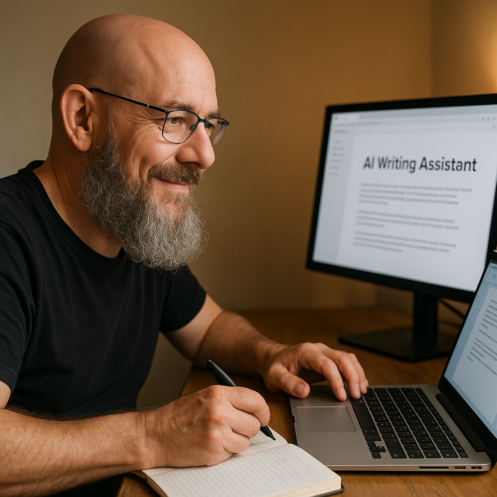 Olaf Droste arbeitet konzentriert an seinem Buchprojekt mit Hilfe eines KI-Schreibassistenten am Laptop und Notizbuch.